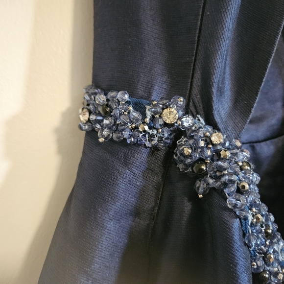 Monique Lhuillier We Belong Together Dress 12 Cross-Back Beaded Fit & Flare Navy - Picture 3 of 4